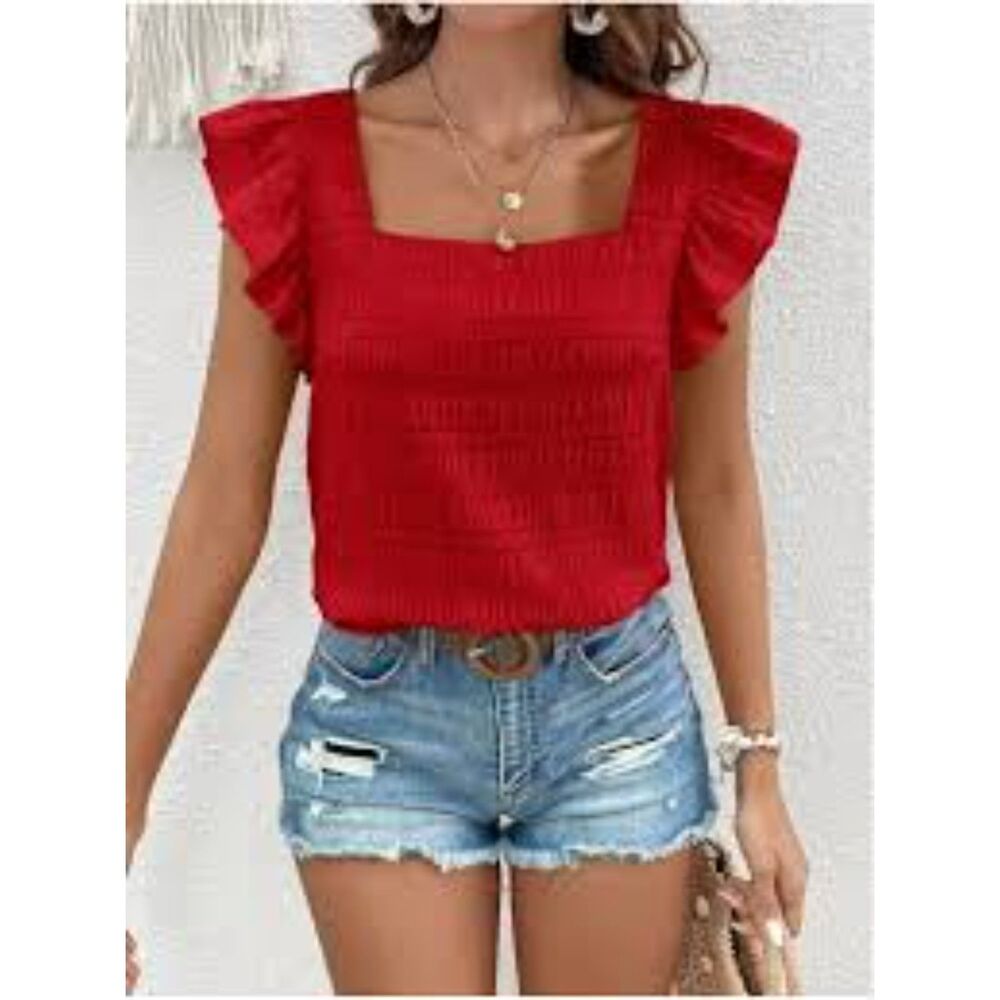 Women's Red Textured Blouse Square Neck Flutter Ruffle Sleeve Top Size M